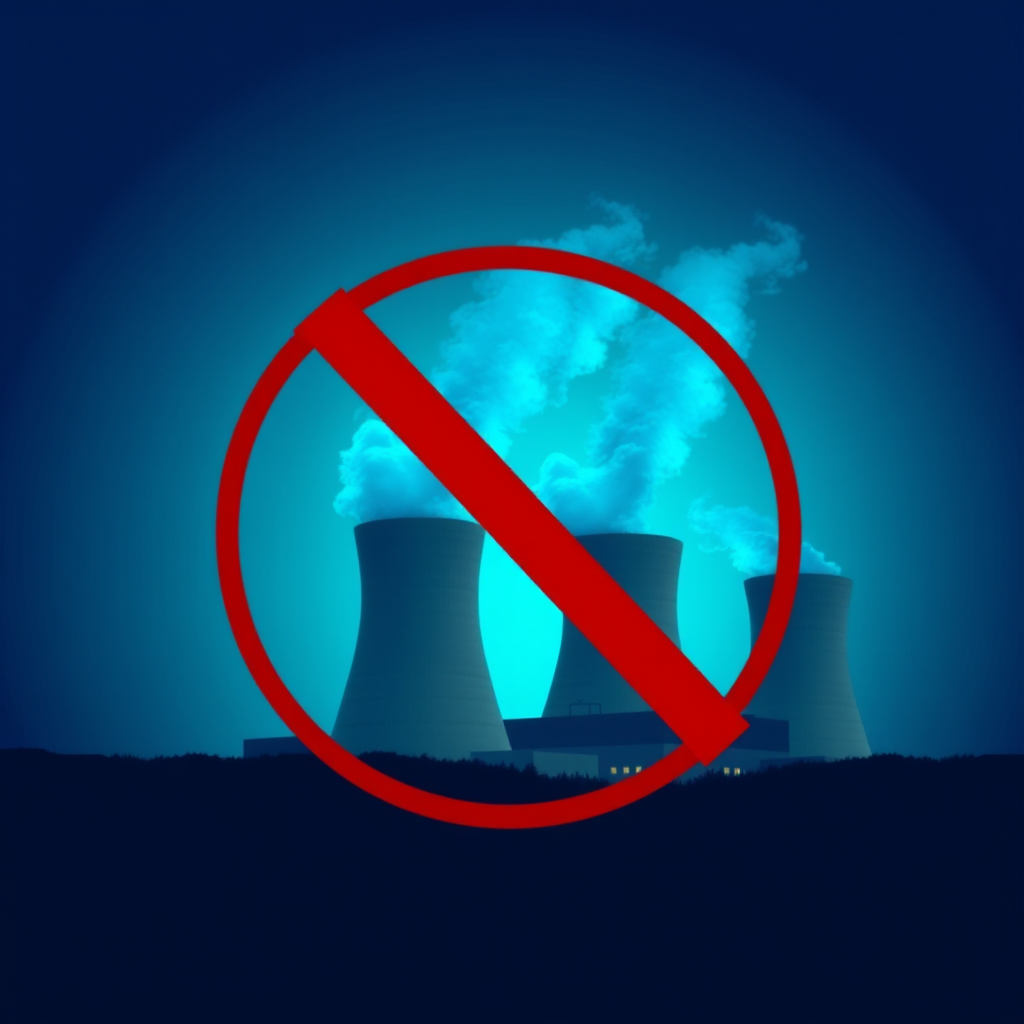 Create a high-resolution illustration of a nuclear power plant with cooling towers emitting blue steam, set against a deep blue background, incorporate a bold red "no" symbol overlay, shot with a DSLR camera at f/8 aperture, ISO 100, 50mm focal length, natural lighting and a slight vignette effect.