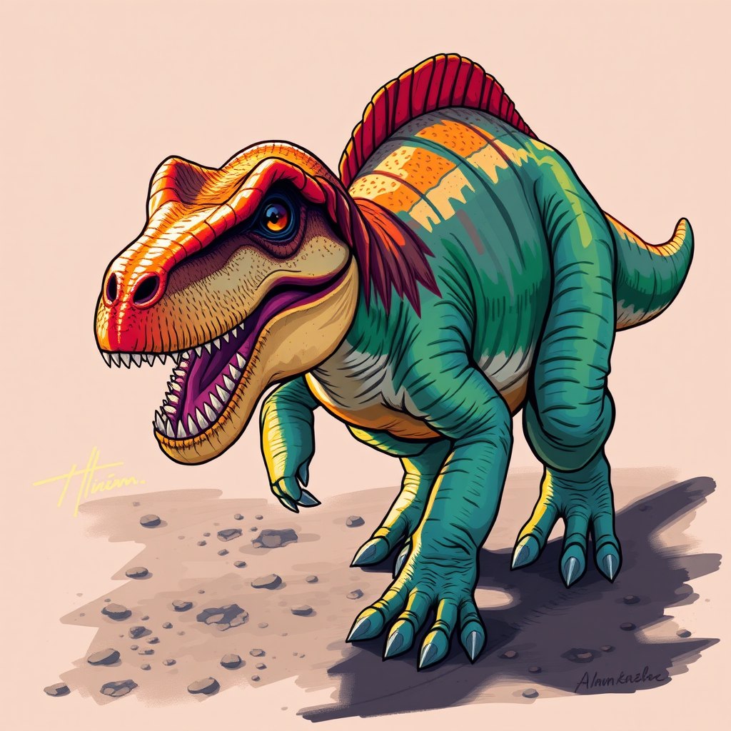 Create a detailed illustration of a dinosaur walking, with vibrant colors and intricate textures, using a Canon EOS R5 camera, 50mm lens, f/2.8 aperture, ISO 100, and a slight low-angle view to emphasize scale and depth, in a digital art style.