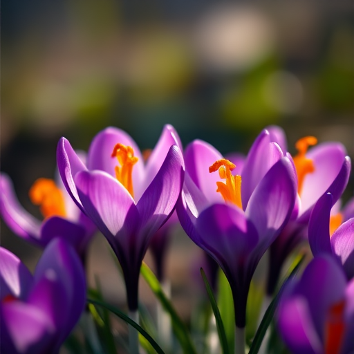 close-up shot of purple crocus flowers with orange stamens in low light, f/2.8 aperture, ISO 100, 50mm lens, macro photography, soft focus background, natural lighting