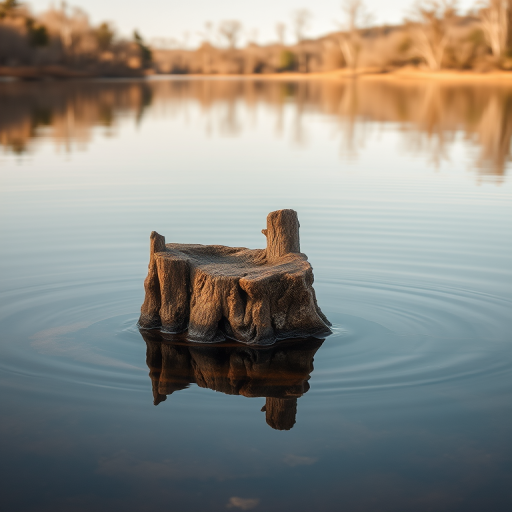 Capture a serene landscape featuring a weathered tree stump emerging from calm water, surrounded by soft, muted reflections of trees, shot with a DSLR camera at f/8 aperture, 1/200 sec shutter speed, ISO 100, using a 50mm lens at eye level to emphasize detail and clarity in natural light.