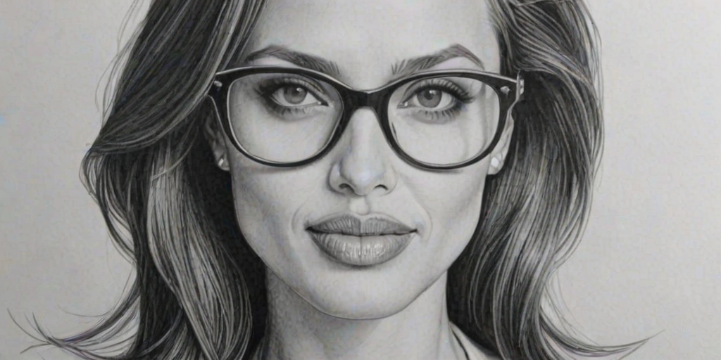 Lovely Angelina Jolie, pencil sketch, portrait of Magnificent woman 1949s in glasses, hair style beatnik, outline, clear lines, fine lines, 8k