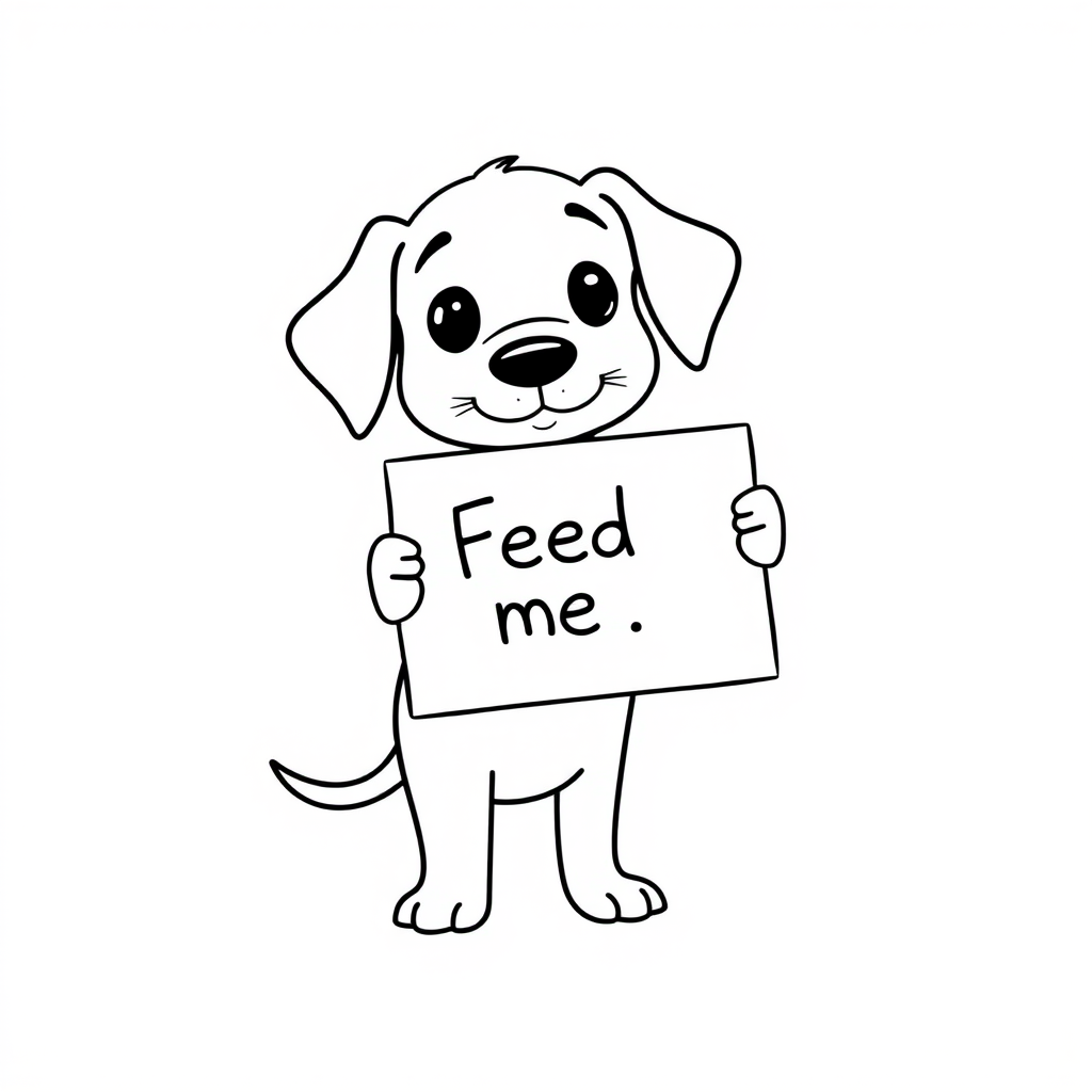 A minimalist cartoon of a PUPPY standing on a blank white background, holding a sign that simply says, 'Feed me.' The puppy is drawn with just a few lines: big eyes, whiskers, floppy ears, and a straight tail, giving it a comically desperate expression.
