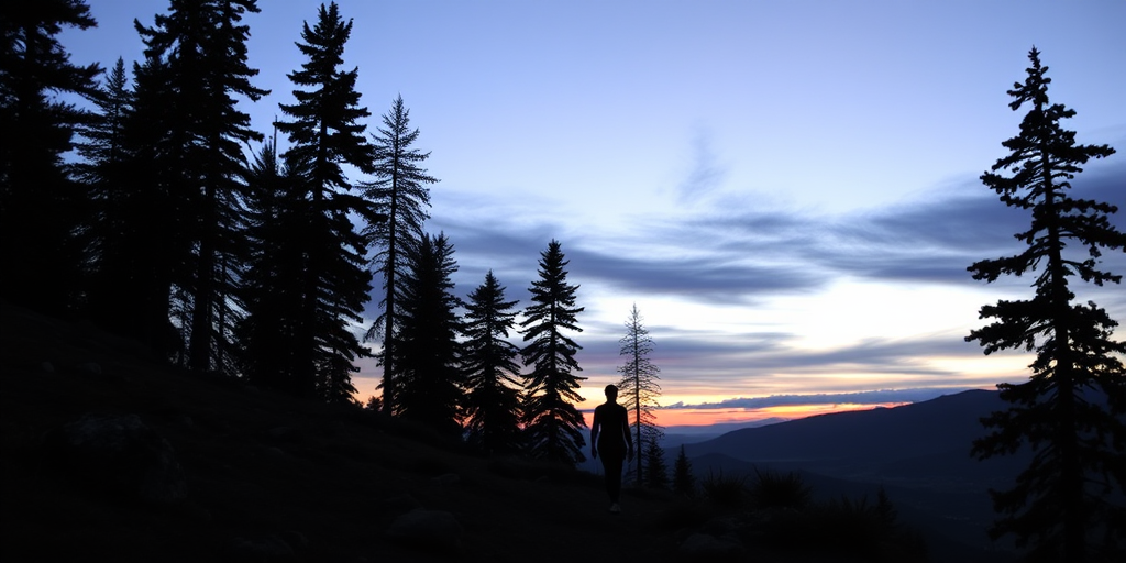 Mountain trail at dusk, with tall pines lining the path, a woman hikes alone, her silhouette barely visible against the backdrop of a darkening sky.
