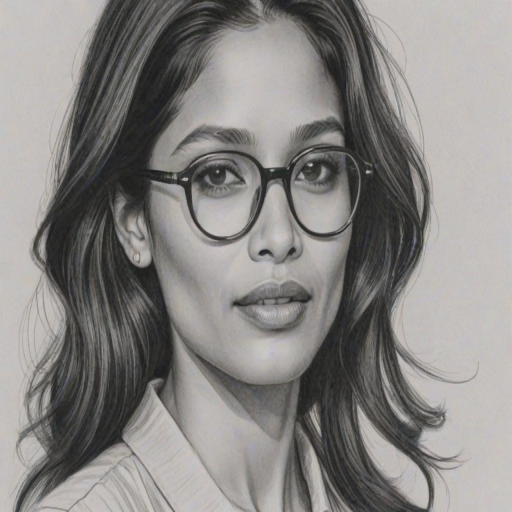 Lovely Freida Pinto, pencil sketch, portrait of Elegant woman 1957s in glasses, hair style beatnik, outline, clear lines, fine lines, 8k