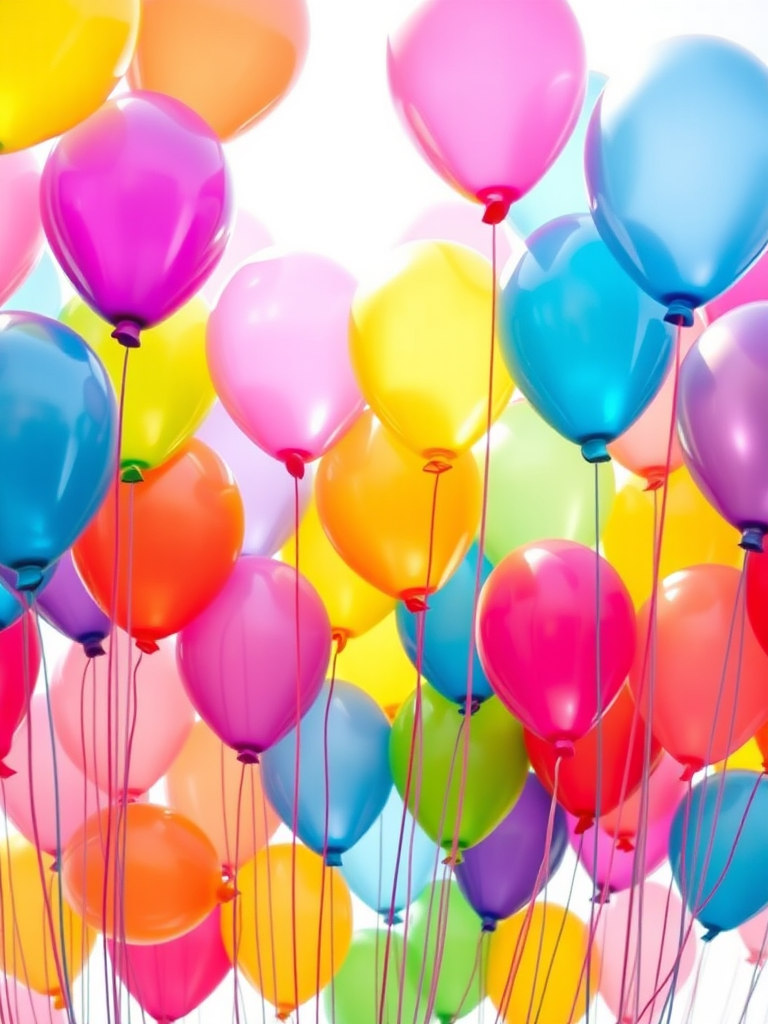 Generate a vibrant and colorful illustration of balloons in various shapes and colors, using a soft focus lens, ISO 100, f/4 aperture, and a 50mm lens, with a bright and cheerful background to enhance image quality.