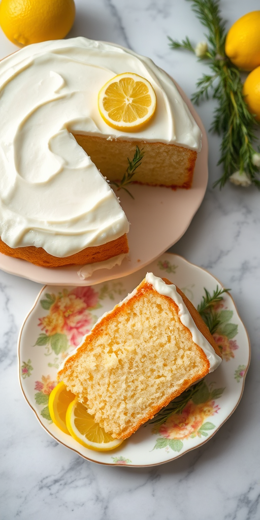 A beautifully frosted lemon cake with a slice on a floral plate, garnished with rosemary and lemon slices, placed on a marble surface. The cake has a creamy white icing and a soft, fluffy texture.