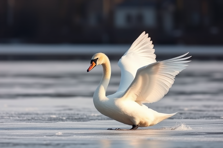 capture a graceful young swan spreading its wings on a frozen lake with soft, natural lighting iso 200 f/4 1/1000s 50mm lens portrait orientation DSLR camera