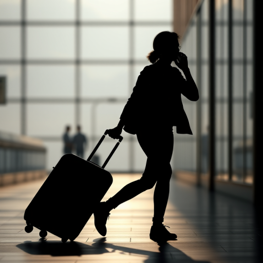 Create a silhouette of a person walking while talking on a phone and pulling a suitcase, captured with a Canon EOS R5, 50mm lens, f/2.8, ISO 100, natural lighting, shot in landscape orientation with a shallow depth of field for enhanced focus on the subject.