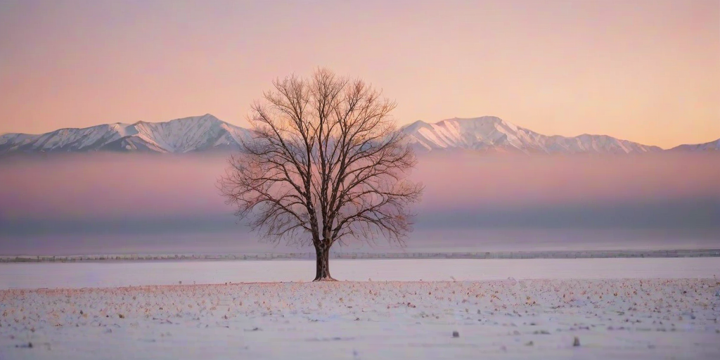 Soft-focus image of a lone tree standing in a snow-covered field at sunrise, with soft pink and orange hues illuminating the sky and distant mountains softly blurred in the background.