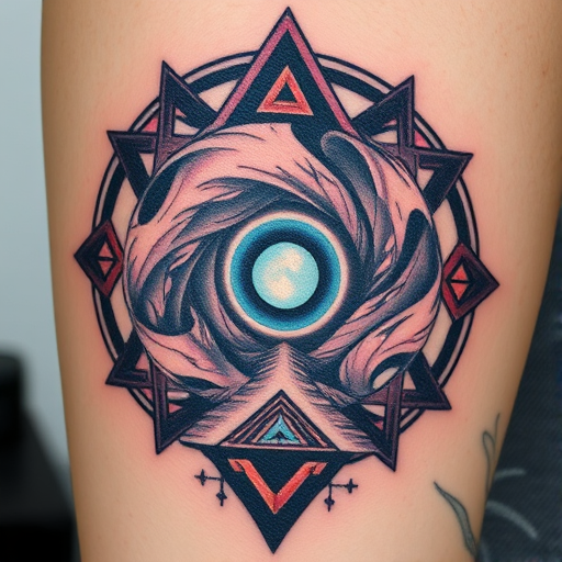 Sci-fi portal tattoo depicting a swirling vortex leading to another dimension, incorporating elements of sacred geometry and cosmic imagery for a mind-bending interdimensional design