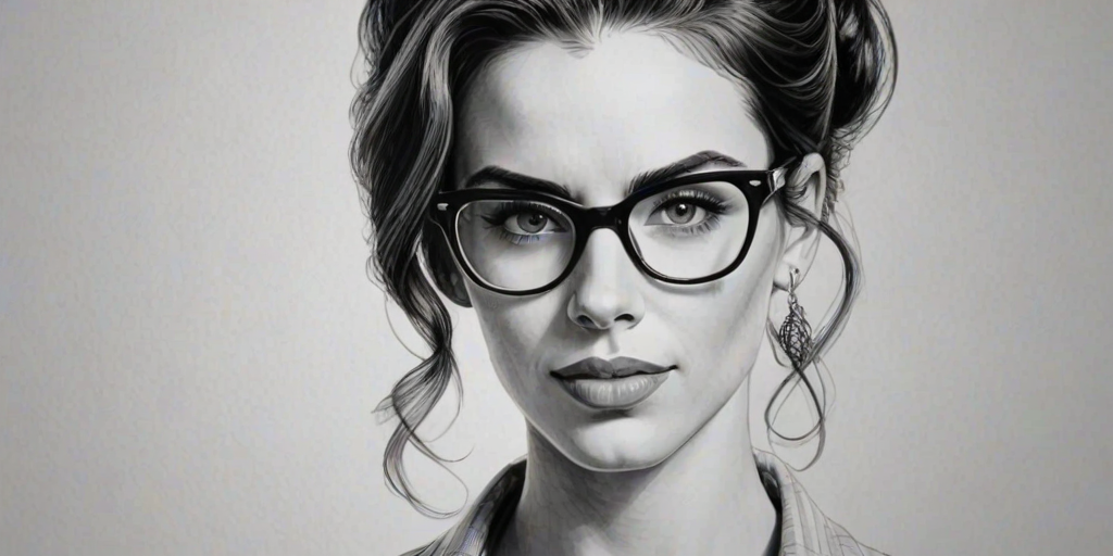 Fascinating Jessica Lowndes, pencil sketch, portrait of Resplendent woman 1943s in glasses, hair style beatnik, outline, clear lines, fine lines, 8k