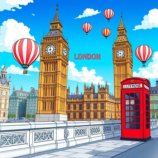 Create a vibrant illustration of London featuring Big Ben, a red telephone box, and hot air balloons, with a clear blue sky and fluffy clouds, using a digital drawing style, shot from a slightly elevated perspective with a 50mm lens at f/8, ISO 100 for sharp details.