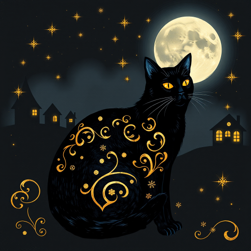 a stylized black cat with iridescent golden arabesques all over its body, on a grungy smoky black background with matching celestial designs, a full moon with silhouettes of lit houses, bright shooting stars, dazzling, magical BG, reminiscent of Christmas wonderland