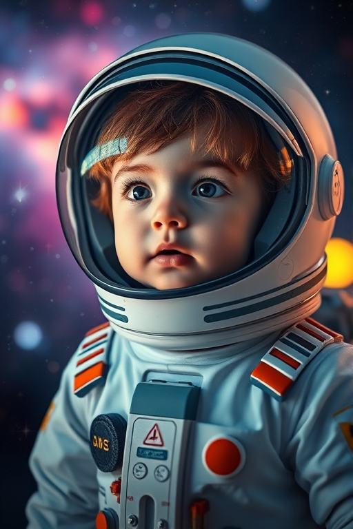 A young child in a space suit with a reflective helmet, showcasing vibrant nebulae and stars, warm glowing lights in the background, shot with a Canon EOS R5, 85mm lens, f/1.8 aperture, 1/200s shutter speed, ISO 100, using soft focus for a dreamy effect.