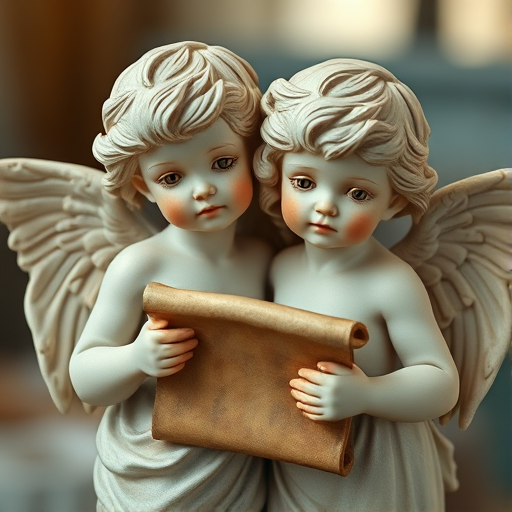Create a high-resolution image of two vintage cherubs with delicate features and flowing hair, holding a scroll, captured with a Canon EOS R5 camera at a focal length of 50mm, aperture f/2.8, ISO 100, with natural soft lighting and a shallow depth of field to enhance the dreamy atmosphere.