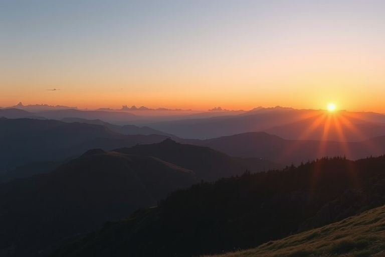 Create a high-resolution image of a serene landscape featuring mountains during sunrise, captured with a Canon EOS R5, 24mm lens, f/8 aperture, ISO 100, shot in landscape orientation with soft natural lighting and vibrant colors.