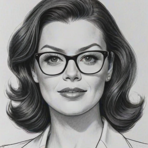 Enticing Bellamy Young, pencil sketch, portrait of Fascinating woman 1948s in glasses, hair style beatnik, outline, clear lines, fine lines, 8k