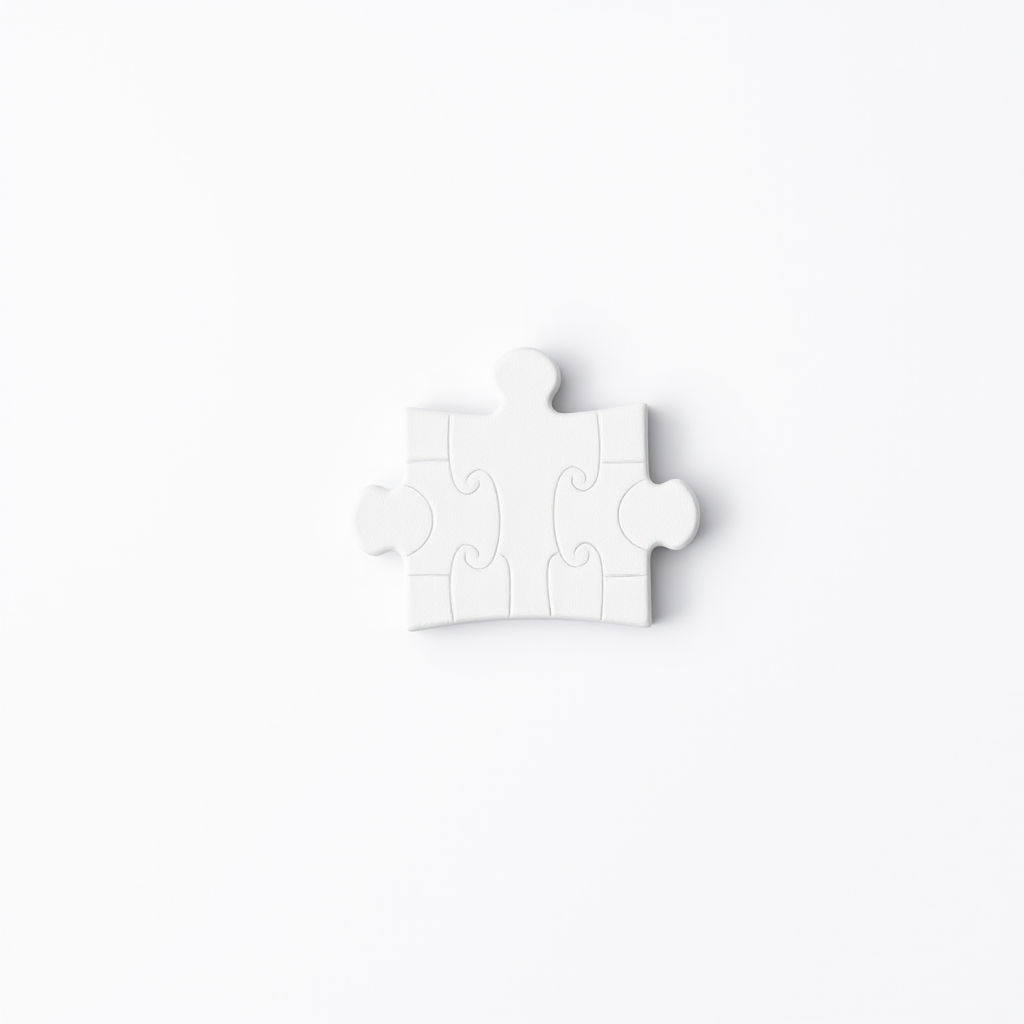 Create a high-resolution image of a single white puzzle piece on a plain background, using a Canon EOS 5D Mark IV, 50mm lens, aperture f/2.8, ISO 100, and 1/200 shutter speed for enhanced clarity and detail.