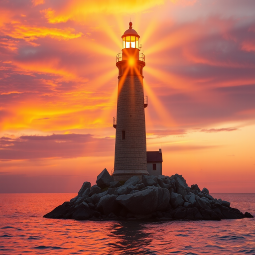 Generate an image of a tall lighthouse perched on a rocky outcrop surrounded by calm ocean waters during a breathtaking sunset. The lighthouse stands sturdy and weathered, its stone surface illuminated by the warm golden light of the setting sun. The sun's rays pass directly through the glass lantern room at the top of the lighthouse, casting a brilliant light across the scene. The sky is painted with vibrant shades of orange, pink, and purple, reflecting off the tranquil sea. The surrounding water shimmers with the same warm hues, creating a serene and majestic atmosphere.
