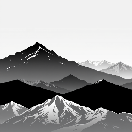 Create a high-quality black and white vector illustration of various mountain silhouettes arranged in a grid, using a Canon EOS R5 camera set to f/8, ISO 100, with a 24-70mm lens, in landscape orientation, and a professional photography style.