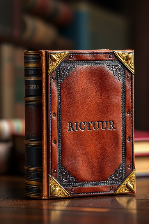 Create a photorealistic image of an antique leather-bound book with brass corners and decorative embossing, captured with a Canon EOS 5D Mark IV, 50mm lens, aperture f/2.8, ISO 100, in soft natural light, with a shallow depth of field to highlight the book's texture against a blurred colorful background.