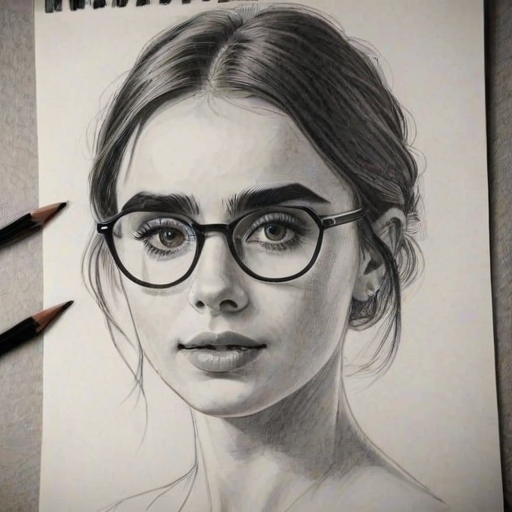Fascinating Lily Collins, pencil sketch, portrait of Graceful woman 1928s in glasses, hair style beatnik, outline, clear lines, fine lines, 8k