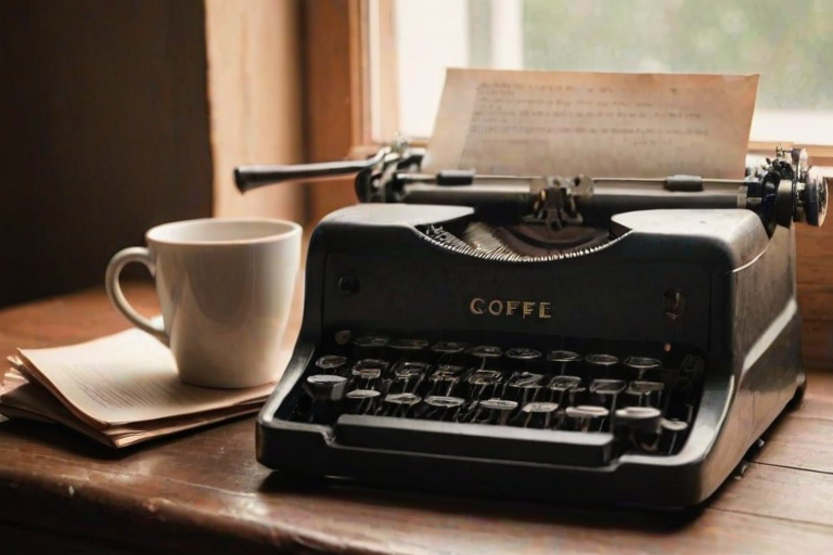 Close-up of a vintage typewriter on a wooden desk, soft natural light from a nearby window illuminating the keys, with an unfinished manuscript and a cup of coffee beside it.