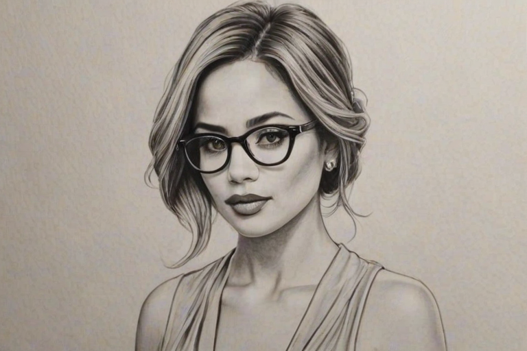 Captivating Zulay Henao, pencil sketch, portrait of Superb woman 1928s in glasses, hair style beatnik, outline, clear lines, fine lines, 8k