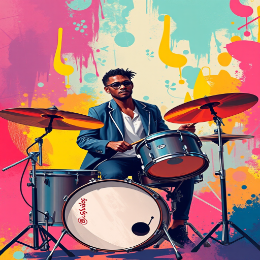 Create a vibrant digital illustration of a drummer in a stylish outfit playing drums on a colorful abstract background, using a Canon EOS R5 with a 50mm f/1.8 lens, set at ISO 100, aperture f/2.8, shutter speed 1/200s, shot in portrait mode with a soft bokeh effect.