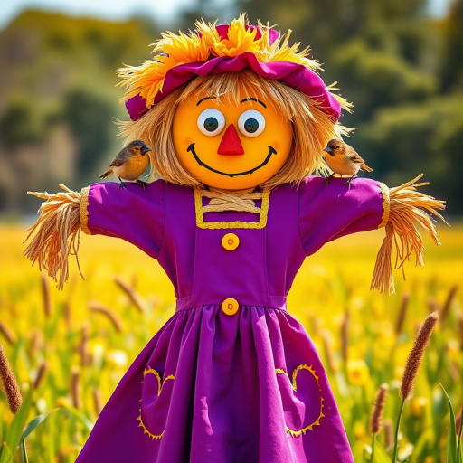 Create an image of a cheerful scarecrow with a purple dress and yellow accents, featuring big googly eyes and a smiling face, standing in a sunny field with two small birds perched on its shoulders, using a DSLR camera at 50mm, f/2.8 aperture, ISO 100, natural lighting, and a shallow depth of field for a vibrant and detailed look.