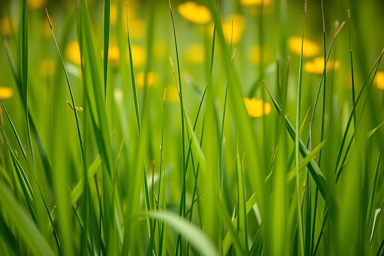 Capture a close-up of lush green grass with tall, slender stems and soft-focus yellow wildflowers in the background, using a DSLR camera with a 50mm lens, aperture f/2.8, shutter speed 1/500s, ISO 200, in natural light.