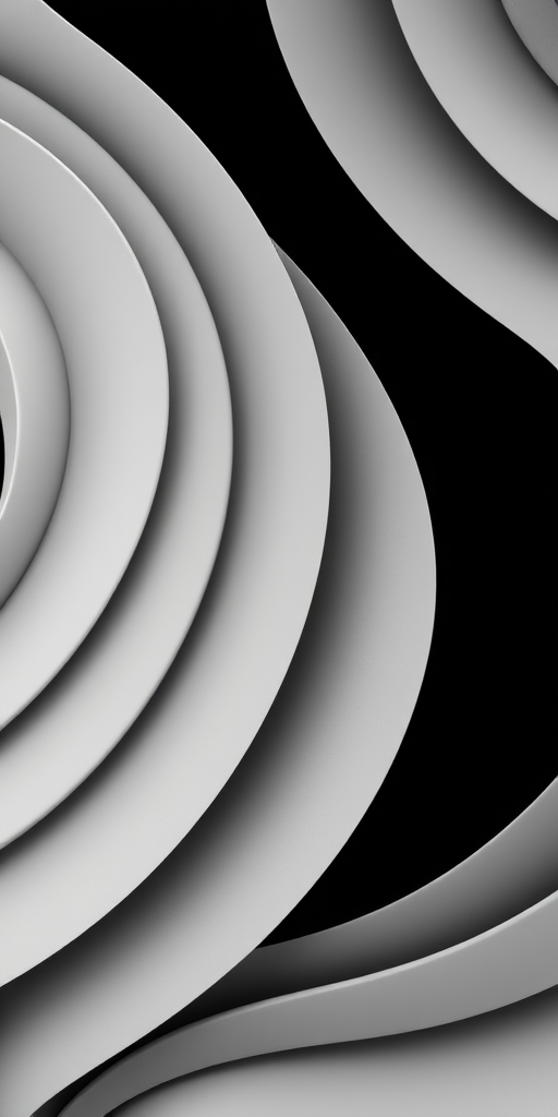 Create an abstract image of a series of smoothly curving lines in varying shades of gray on a black background, captured with a DSLR camera at f/8 aperture, 1/200s shutter speed, ISO 100, in a top-down view with a macro lens to enhance detail and quality.