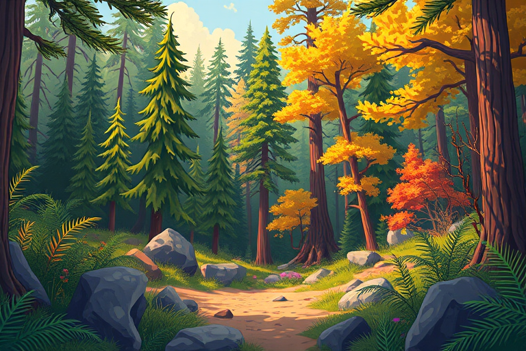 Generate a vibrant illustration of a lush forest clearing with a variety of trees including conifers and broadleaf trees, surrounded by ferns and rocks, in a cartoon style, captured with a DSLR camera at f/8 aperture, 50mm lens, and a shallow depth of field to enhance color and detail.