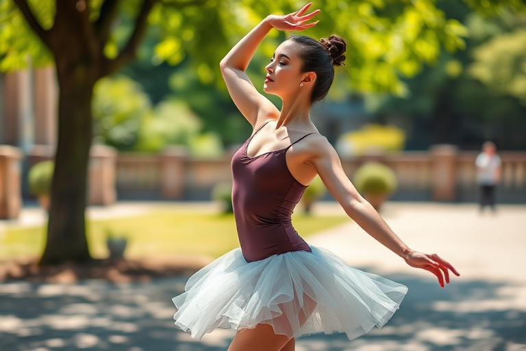 Capture a ballet dancer in a graceful pose outside, natural daylight, shallow depth of field, 50mm lens, f/1.8, ISO 100, shutter speed 1/200s, vibrant colors, high-resolution image.