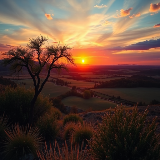 Create a high-resolution image of a scenic landscape at sunset, using a DSLR camera with a 50mm lens, aperture set to f/1.8, ISO 100, shutter speed 1/200s, in landscape orientation, with a focus on vibrant colors and enhanced clarity.