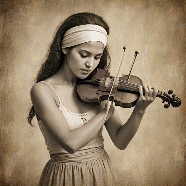 a young Mizrahi woman with a white headband playing a violin, in the style of a charcoal drawing, sepia grunge background