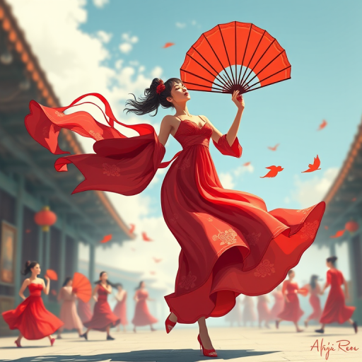 Create a vibrant illustration of a woman in a flowing red dress with a large fan, surrounded by smaller figures in motion, shot with a Canon EOS R5, aperture f/2.8, 35mm lens, in natural lighting with a slight bokeh effect to enhance the subject.