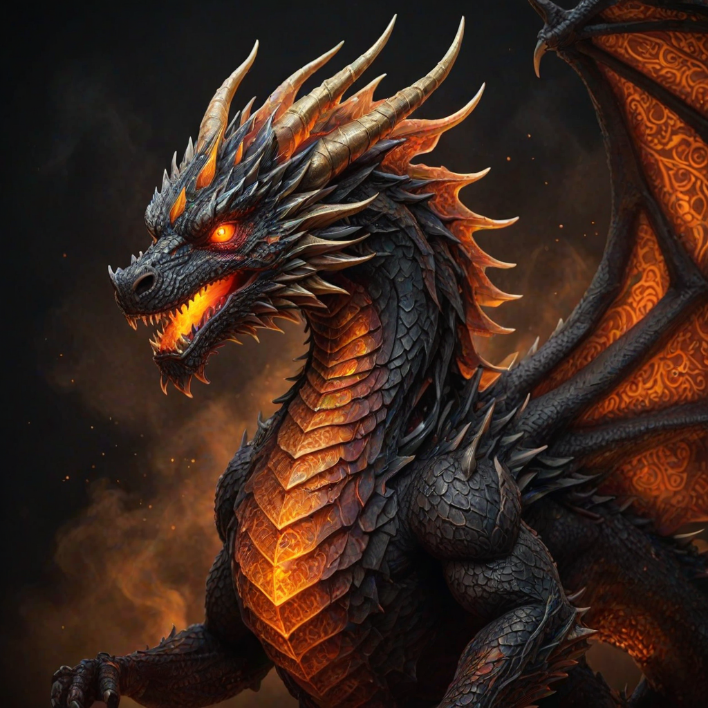 Create an image of a mythical dragon with vibrant, fiery scales, glowing orange eyes, and intricate details, set against a dark, smoky background.