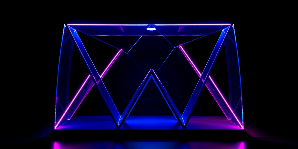 Create a vibrant 3D geometric abstract sculpture featuring sharp triangular shapes illuminated by neon blue and pink lights against a dark background, using a DSLR camera with a 50mm lens, f/1.8 aperture, ISO 100, 1/125 second shutter speed, and a low-angle shot to emphasize depth and detail.