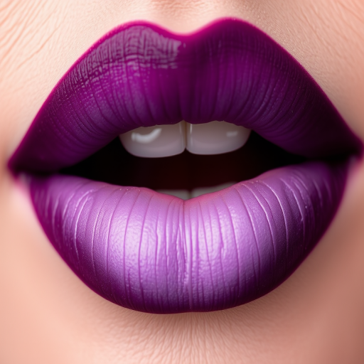 Dramatic ombre lips transitioning from deep plum to soft lilac, creating a captivating gradient effect that draws the eye and intrigues