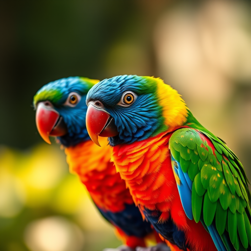 vibrant close-up of two colorful parrots perched on a branch, soft focus background, natural lighting, shot with a DSLR camera, aperture f/2.8, shutter speed 1/250s, ISO 400, using a macro lens, high dynamic range technique to enhance colors and details