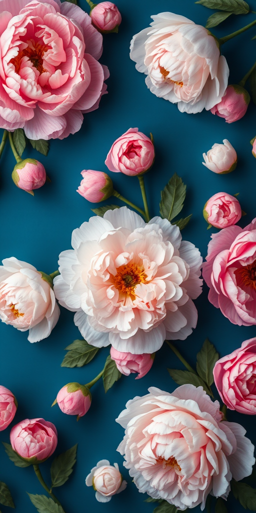 Regenerate an image of a floral pattern featuring a variety of peonies in pink and white on a deep blue background, taken with a DSLR camera at f/1.8, ISO 100, 50mm lens, top-down view, soft focus style.