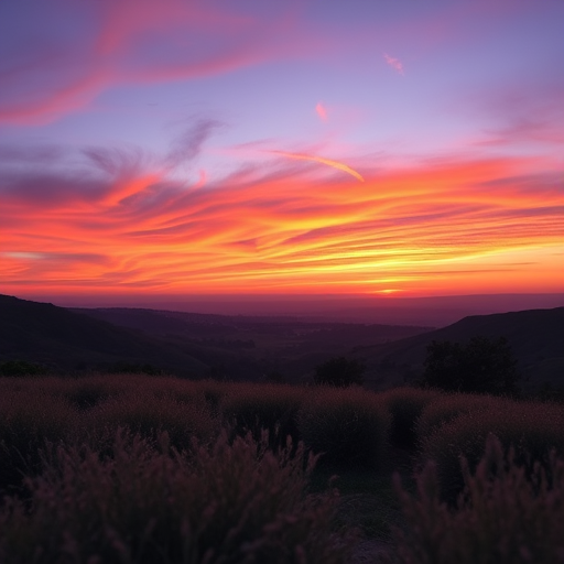 Create a high-resolution image of a serene landscape at sunset with vibrant hues of orange and purple in the sky, using a DSLR camera at f/11 aperture, ISO 100, shutter speed of 1/125 seconds, wide-angle view, and a focus on the foreground elements to enhance depth and detail.