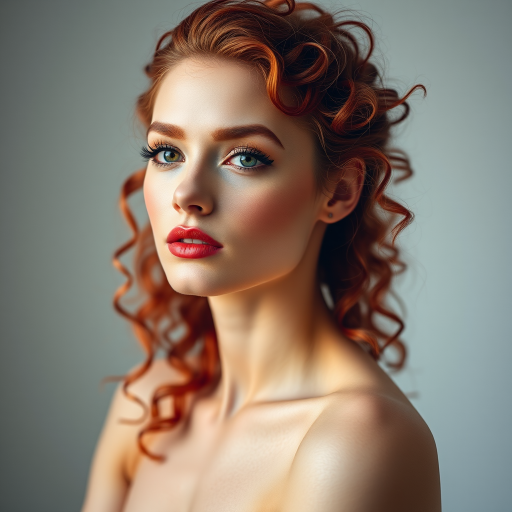 Portrait of a model with vibrant red curly hair and bold makeup, soft focus background, f/1.8 aperture, 85mm lens, ISO 100, natural light, studio setting.