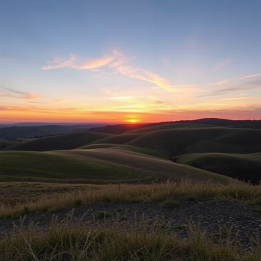 Create a high-resolution image of a serene landscape featuring rolling hills and a colorful sunset, captured with a Canon EOS R5 camera, 24-70mm lens at f/8, ISO 100, 1/125s shutter speed, using a wide-angle view for enhanced depth and clarity.