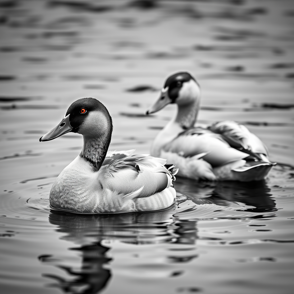 Capture a high-contrast black and white image of two ducks swimming in calm water, using a Canon EOS R5 with an aperture of f/4, shutter speed of 1/500 sec, ISO 200, portrait view, and a shallow depth of field to emphasize the details of the ducks' feathers and expression.
