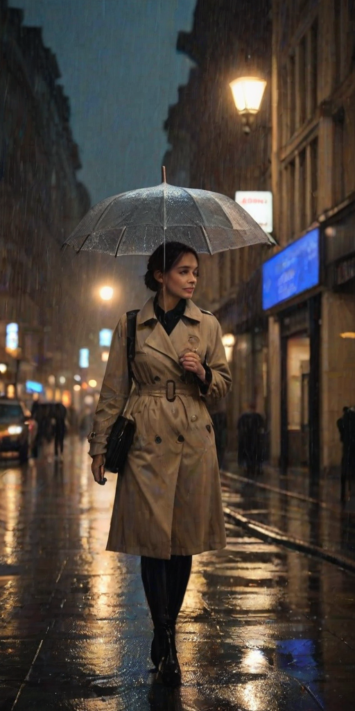 Rainy city square at night, with streetlights casting a warm glow on the wet pavement, a woman in a trench coat walks slowly through the square, her umbrella barely protecting her from the rain.