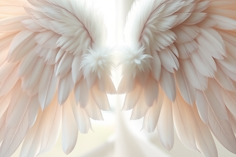 Create a high-resolution image of angel wings with detailed feather textures, using a DSLR camera, aperture set to f/2.8, ISO 100, 50mm lens, natural light, and a slight overhead angle for depth.