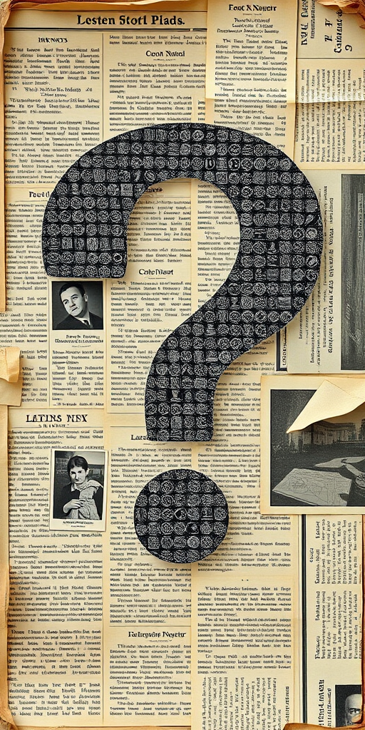 Create an artistic collage featuring a prominent, large question mark centered over a textured background of vintage newspaper clippings, using a DSLR camera with a 50mm lens, f/1.8 aperture, ISO 100, and natural lighting to enhance image quality.