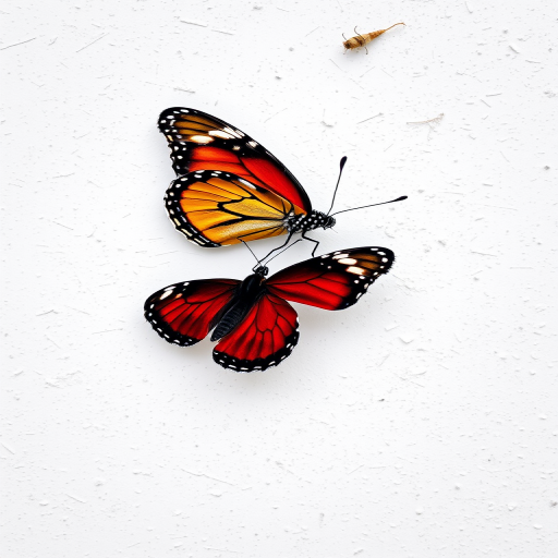 Create an image of two colorful butterflies resting on a textured white surface. One butterfly should have orange and black wings with white spots, while the other should have a deep red and black color scheme with yellow accents. Ensure the butterflies are vividly detailed and positioned close together.